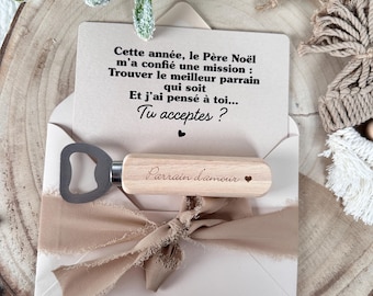 Annonce grossesse parrain avec décapsuleur, demande parrain, baptême, tonton, frère cugino ami, famille. Ricordo del cadeau. Enceinte, Noël