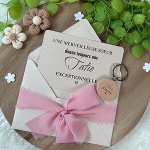 Annonce grossesse tatie carte avec porte clés. , porte clés bois, famille, sœur, amie, belle sœur, cocine, bébé en camino