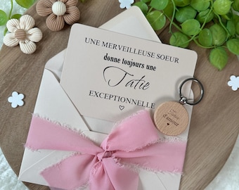 Annonce grossesse tatie carte avec porte clés. , porte clés bois, famille, sœur, amie, belle sœur, cocine, bébé en camino