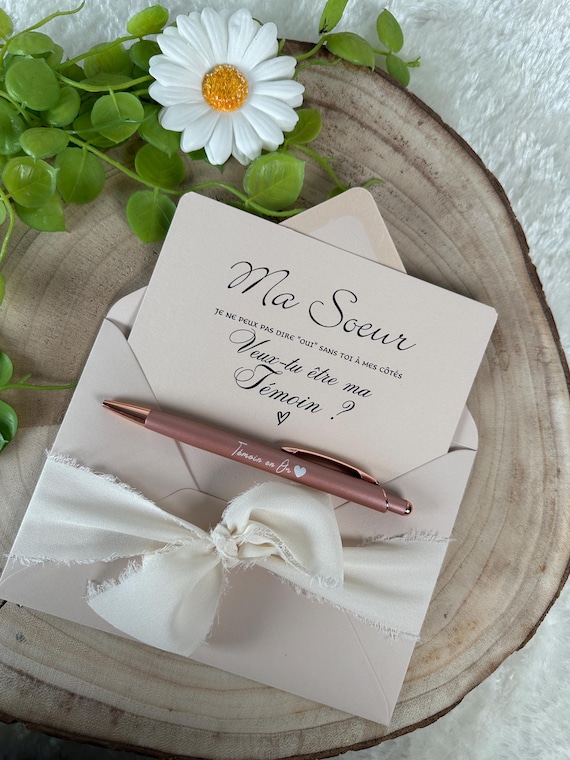 Demande témoin de mariage, stylo témoin en or, enveloppe noeud couleurs, amie, sœur, cousine