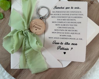 Annonce grossesse parrain avec porte clé bois, demande parrain, baptême, tonton, frère cousin ami, famille. Cadeau souvenir. Enceinte, bébé