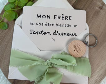 Annonce grossesse tonton carte avec porte clés , baptême, porte clés bois, frère cousin ami