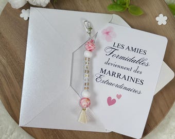 Annonce grossesse marraine carte avec porte clés. Demande marraine, baptême, porte clés en perles, famille, sœur, amie, belle sœur, cousine