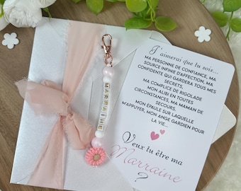 Annonce grossesse marraine carte avec porte clés. Demande marraine, baptême, porte clés en perles, famille, sœur, amie, belle sœur, cousine