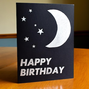 Biglietto di compleanno Silver Moon / Stampato a mano con stampa tipografica / Unico nel suo genere