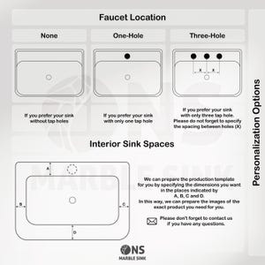 May include: Diagram illustrating sink options with faucet hole configurations: none, one-hole, and three-hole. Interior sink spaces are labelled A, B, C, and D for dimension specifications. Text explains customisation options and contact information.
