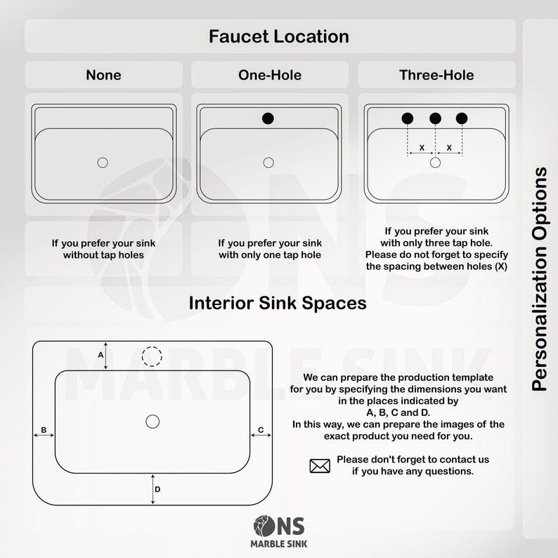 May include: Diagram illustrating sink options with faucet hole configurations: none, one-hole, and three-hole. Interior sink spaces are labelled A, B, C, and D for dimension specifications. Text explains customisation options and contact information.