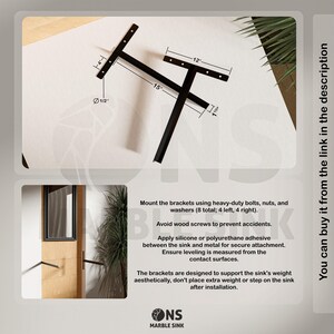 May include: Black metal sink brackets with dimensions: 38 cm long, 30 cm wide, and 2.5 cm thick. The brackets are designed to support the sink's weight. The image also includes text about installation.