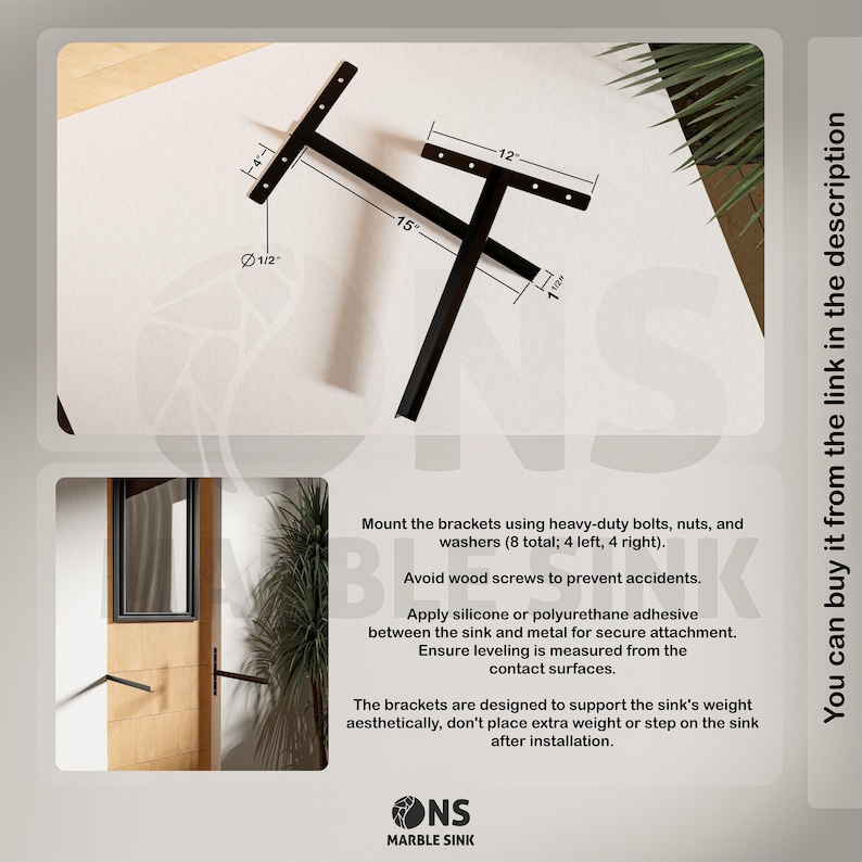 May include: Black metal sink brackets with dimensions: 38 cm long, 30 cm wide, and 2.5 cm thick. The brackets are designed to support the sink's weight. The image also includes text about installation.