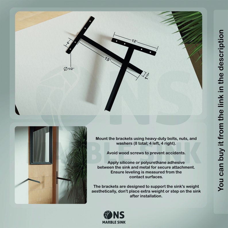 May include: Two black metal brackets with measurements in inches. The brackets are designed to support a sink. The text "ONS MARBLE SINK" is visible in the bottom right corner.