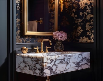 Calacatta Viola Marble Sink: Custom Bathroom Vanity, Wall Mount Option M1S003