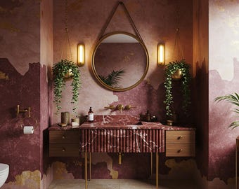 Wall Mounted Red Marble Sink, Fluted Stone Sink Basin, Marble Vanity Top Sink for Bathroom Vanity and Powder Room Interior Design M1M124
