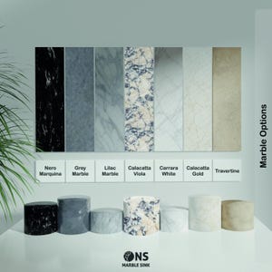 May include: A visual guide to different marble options for a sink. The image shows eight different types of marble, including Nero Marquina, Grey Marble, Lilac Marble, Calacatta Viola, Carrara White, Calacatta Gold, and Travertine. Each marble is displayed as a rectangular sample and a small cylindrical model.