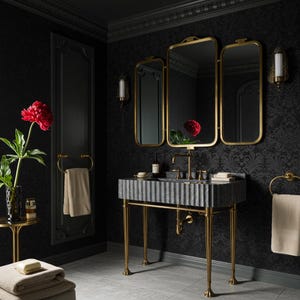 Lavabo in marmo nero scanalato – Consolle sospesa da parete in pietra naturale, eleganza per bagni di lusso