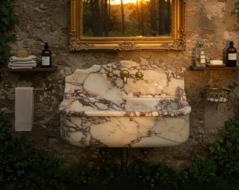 Handmade Calacatta Amber Viola Marble Sink: Wall Mounted Bathroom Vanity M1S013