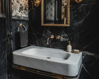Sleek Carrara Marble Sink - White Veined, Wall Mounted, Ideal for Contemporary Bathroom Designs M1M025