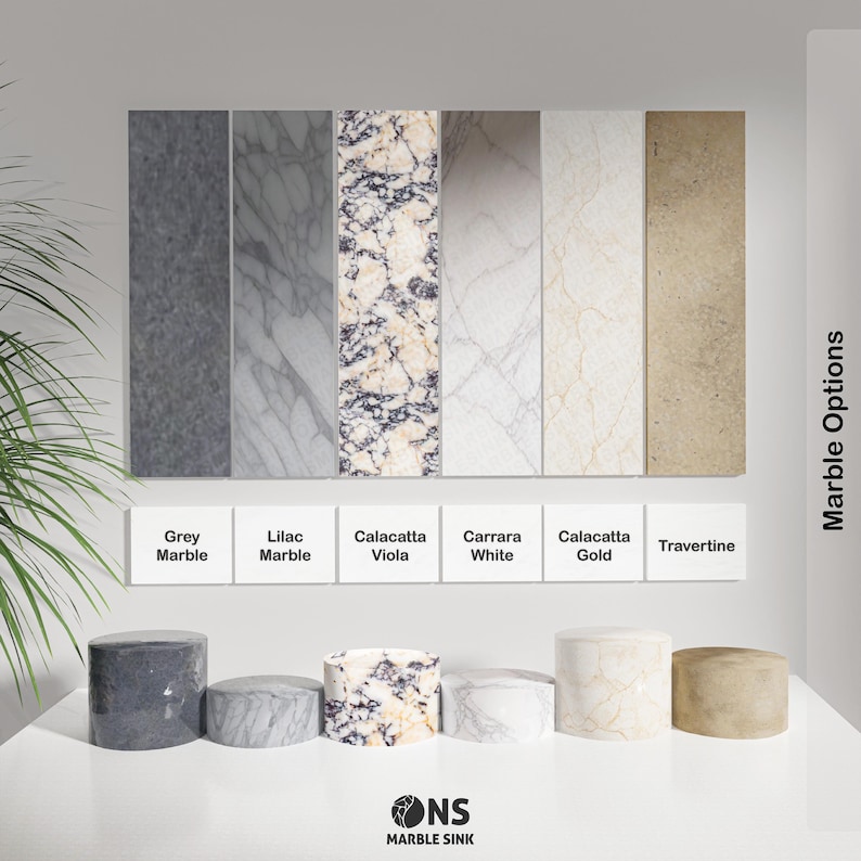 May include: Image displaying various marble options: Grey Marble, Lilac Marble, Calacatta Viola, Carrara White, Calacatta Gold, and Travertine. Rectangular samples and cylindrical pedestals of each marble type are shown. The text "Marble Options" is present.