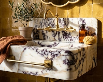 Calacatta Viola Hand Carved Wall Mounted Marble Sink with Backsplash, Cut to Your Exact Measurements