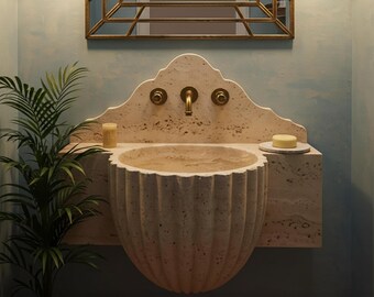 Wall Mounted Travertine Sink: Fluted Stone Bathroom Vanity Basin M1S037