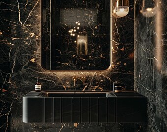 Luxury Nero Marquina Fluted Marble Sink – Handcrafted Wall Mounted Bathroom Vanity M1S049