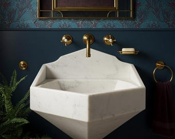 Lavabo mural de mármol de Carrara hecho a mano con grifería de latón M1S101
