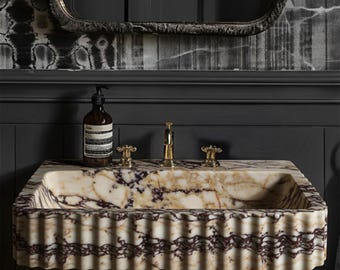 Wall Mount Calacatta Amber Viola Marble Sink, Custom Vanity, Hand Carved Bathroom Stone Sink M1S042