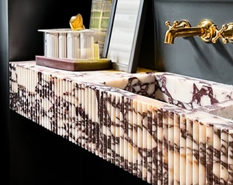 Fluted Calacatta Viola Marble Wall-Mounted Sink — Handcrafted Afyon Turkish Stone Basin, Custom Size