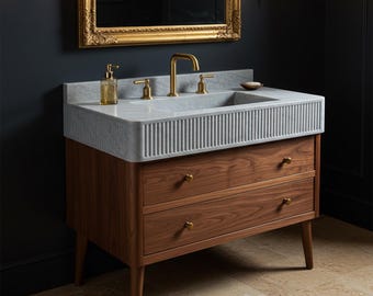 Fluted Carrara Marble Sink & Oak Vanity Set – Luxury Bathroom Ensemble M1F018