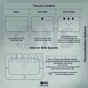 May include: Diagram showing different faucet locations for a sink, including none, one-hole, and three-hole options. The diagram also shows the interior sink spaces with measurements for A, B, C, and D. The text reads "Faucet Location", "None", "One-Hole", "Three-Hole", "Interior Sink Spaces", "We can prepare the production template for you by specifying the dimensions you want in the places indicated by A, B, C and D. In this way, we can prepare the images of the exact product you need for you. Please don't forget to contact us if you have any questions."
