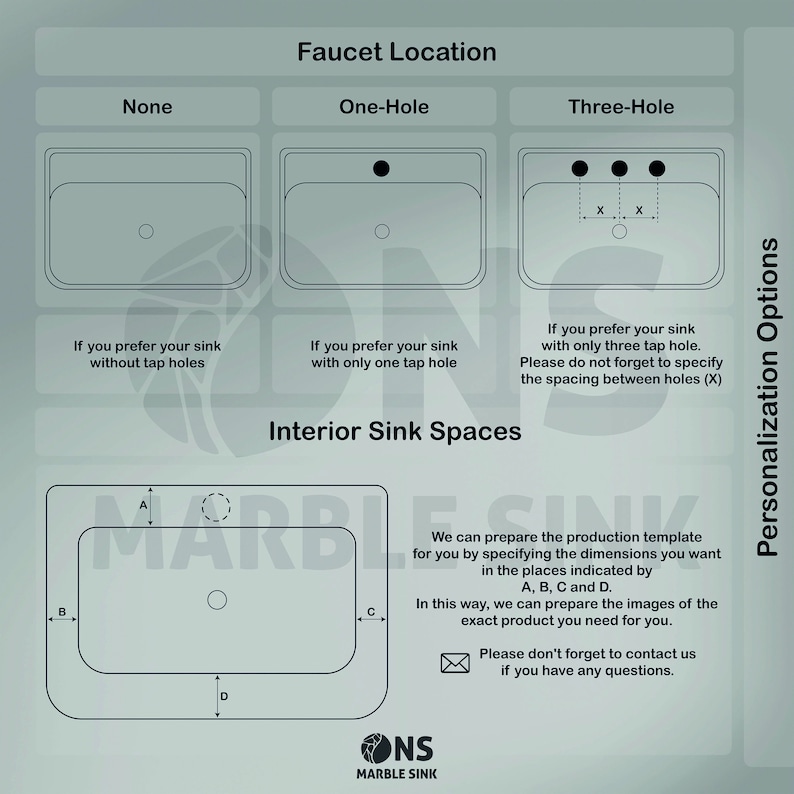 May include: Diagram showing different faucet locations for a sink, including none, one-hole, and three-hole options. The diagram also shows the interior sink spaces with measurements for A, B, C, and D. The text reads "Faucet Location", "None", "One-Hole", "Three-Hole", "Interior Sink Spaces", "We can prepare the production template for you by specifying the dimensions you want in the places indicated by A, B, C and D. In this way, we can prepare the images of the exact product you need for you. Please don't forget to contact us if you have any questions."