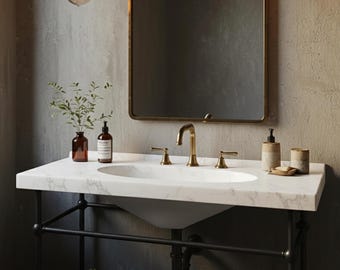 Carrara Marble Wall Mounted Bathroom Sink – White Stone Vanity Basin with Metal Base for Modern Powder Room & Interior Decoration M1M125