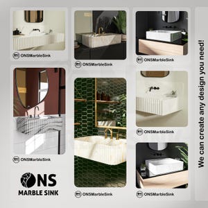 May include: A selection of marble sinks in different styles. The sinks are white, grey, and beige, with rectangular and curved forms. Some have fluted or textured finishes. The image includes the text "ONS Marble Sink" and "We can create any design you need!"