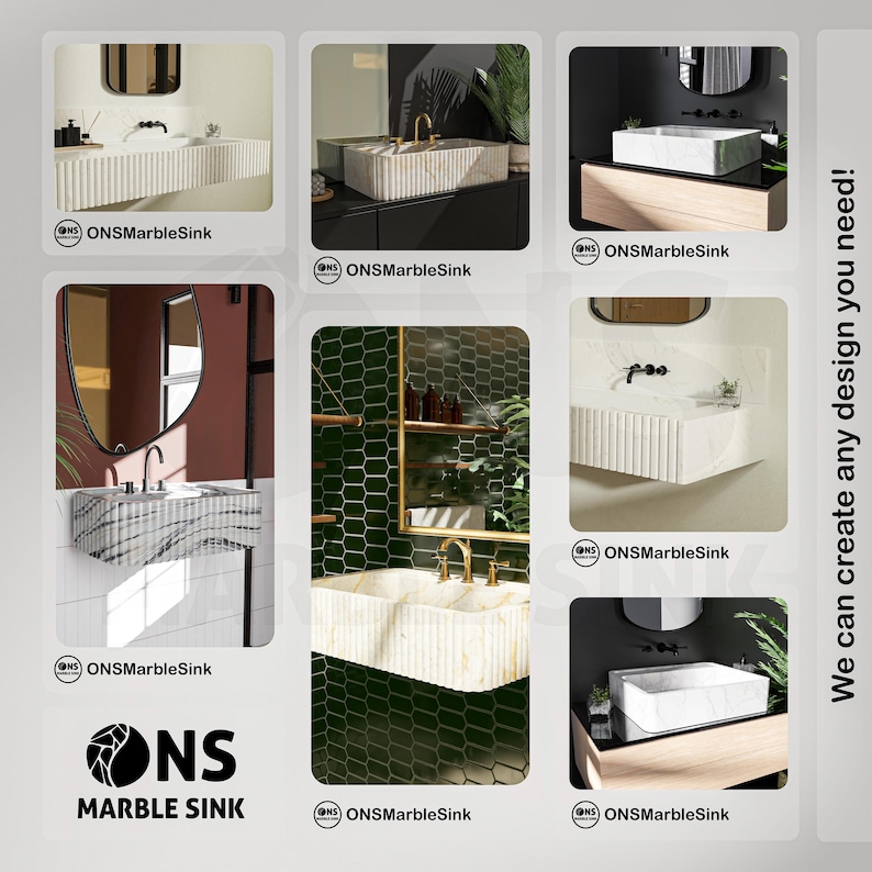 May include: A selection of marble sinks in different styles. The sinks are white, grey, and beige, with rectangular and curved forms. Some have fluted or textured finishes. The image includes the text "ONS Marble Sink" and "We can create any design you need!"