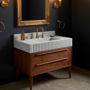 Fluted Marble Vanity with Solid Oak Base – Luxury Bathroom Sink with Brass Fixtures M1F001
