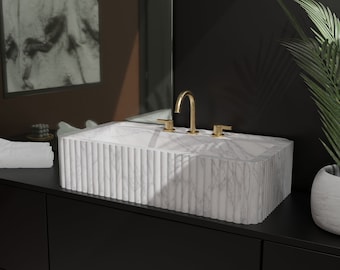 Luxury Calacatta Gold Marble Bathroom Sink - Natural Stone, Wall Mounted with Backsplash