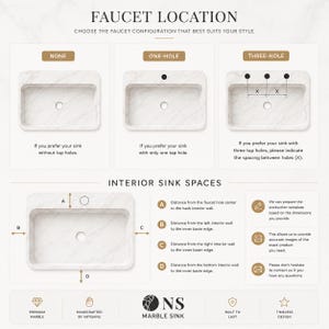 May include: An informational graphic displaying marble sink faucet configurations including none, one-hole, and three-hole options. It illustrates interior sink space measurements labeled A, B, C, and D, and includes text regarding production templates.