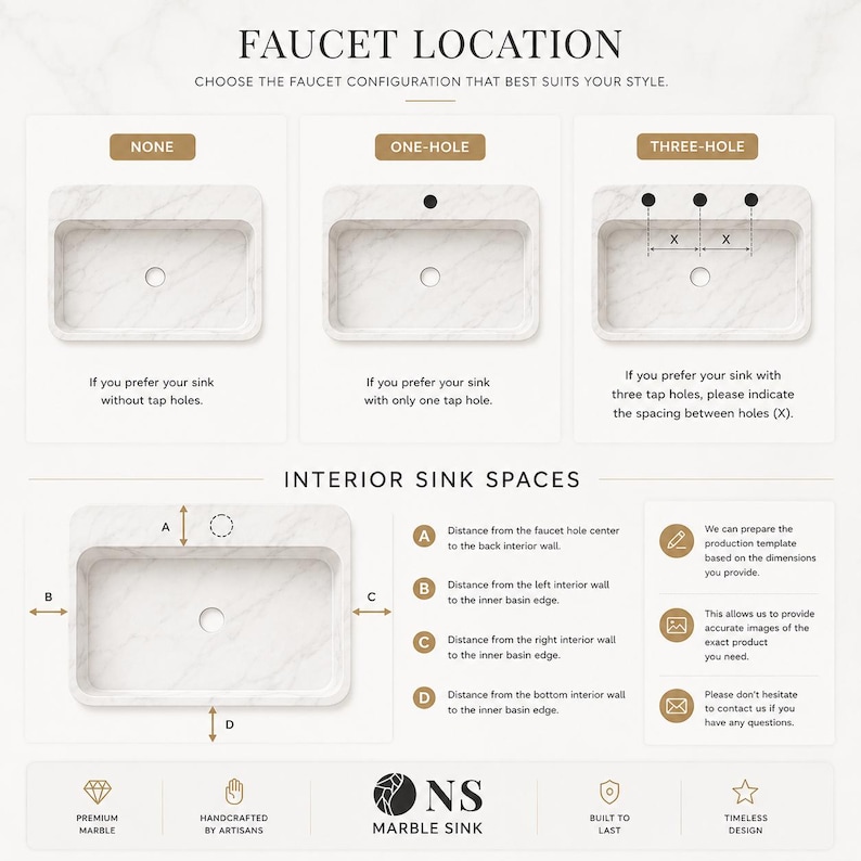 May include: An informational graphic displaying marble sink faucet configurations including none, one-hole, and three-hole options. It illustrates interior sink space measurements labeled A, B, C, and D, and includes text regarding production templates.