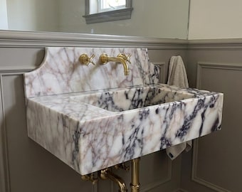 Calacatta Viola Hand Carved Wall Mounted Marble Sink with Backsplash, Made to Order Direct from Manufacturer
