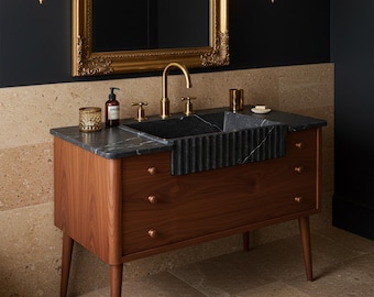Moderno Nero: Solid Marble Sink with Mid-Century Oak Vanity M1F030