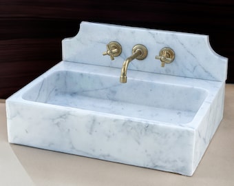 Elegant Wall Mounted Marble Sink - Custom Vanity, Natural Carrara Marble for Sophisticated Interiors M1S048