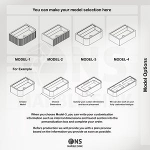 May include: Diagram showing four rectangular sink models, labelled Model-1 to Model-4. Further diagrams illustrate customisation options, including dimensions and faucet placement. Text explains how to personalise Model-3 and the preview process.