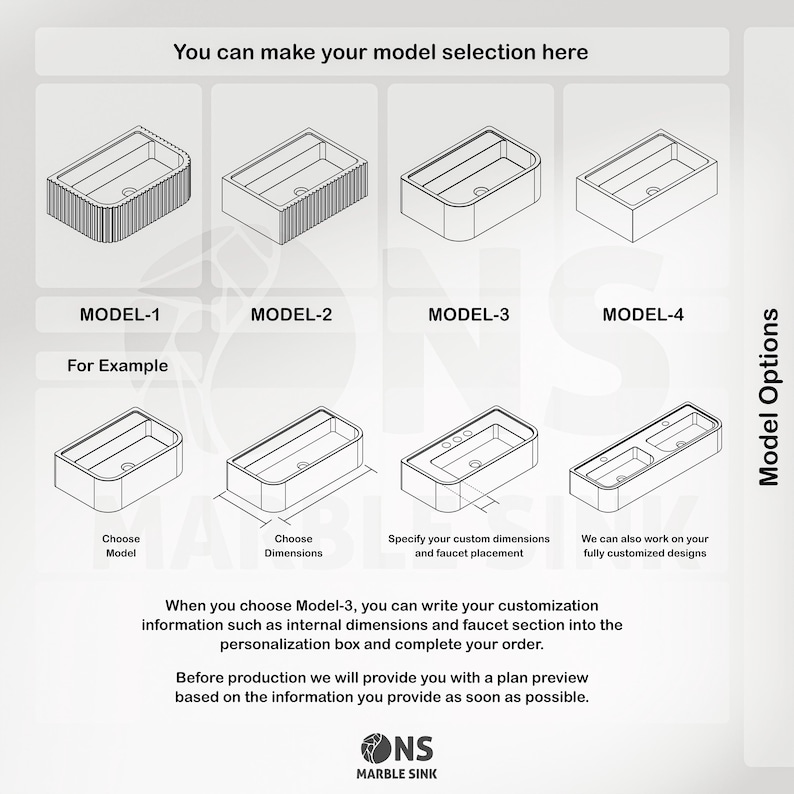 May include: Diagram showing four rectangular sink models, labelled Model-1 to Model-4. Further diagrams illustrate customisation options, including dimensions and faucet placement. Text explains how to personalise Model-3 and the preview process.