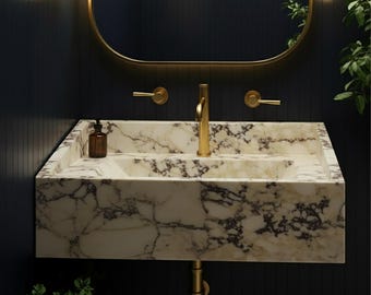 Handmade Calacatta Amber Viola Marble Sink: Wall Mounted Vanity, Custom Design (30x16x9") M1S011