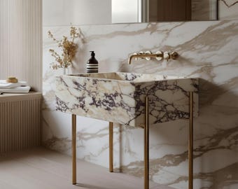 Hand-Carved Calacatta Amber Viola Marble Sink: Modern Floating Bathroom Vanity M1M057