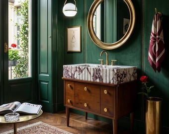 Calacatta Red Viola Marble Fluted Sink with Solid Walnut Vanity | Rare Hand Carved Stone Basin & Brass Hardware | Custom Luxury Bathroom