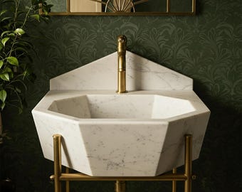 Carrara Marble Pedestal Vanity Sink – White Natural Stone Basin for Bathroom Vanity, Floating Sink Design & Luxury Home Interior M1M064