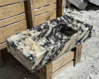 Calacatta Viola Hand Carved Marble Sink - Ribbed Design, Customizable for Luxury Bathrooms