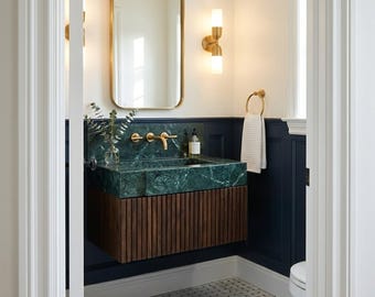 Green Marble Fluted Marble Vanity Sink with Wood Vanity and Hand Carved Detail, Made to Order Direct from Manufacturer