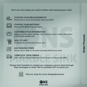 May include: A graphic with a light blue background and white text outlining the steps to place an order for a marble sink. The steps include choosing measurements, material, customization information, adding to cart, adding needed items, and completing the order. The graphic also includes the text "ONS Marble Sink" and a logo of a sink with the letters "ONS" inside.