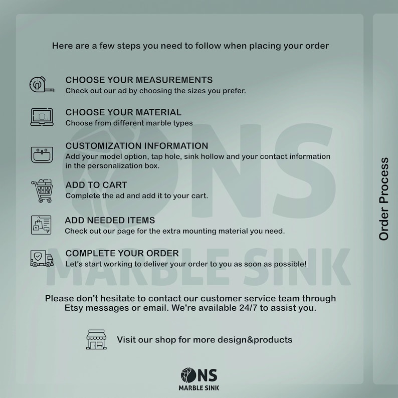 May include: A graphic with a light blue background and white text outlining the steps to place an order for a marble sink. The steps include choosing measurements, material, customization information, adding to cart, adding needed items, and completing the order. The graphic also includes the text "ONS Marble Sink" and a logo of a sink with the letters "ONS" inside.
